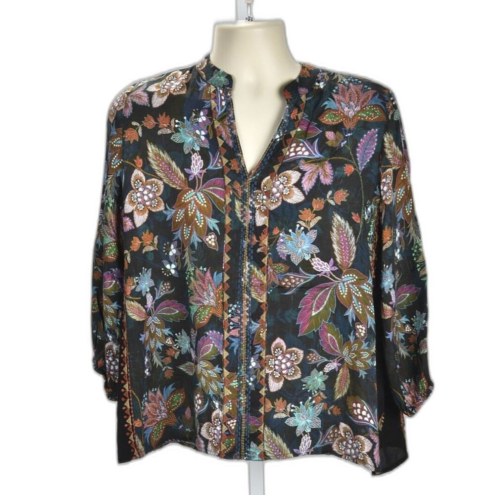 Johnny Was Workshop Knit Henley Floral Tunic Top Embroidered Size S